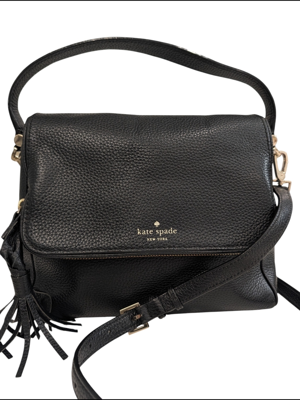 Kate Spade New York Black Pebbled Leather Shoulder Crossbody Bag Tassel Minimal
